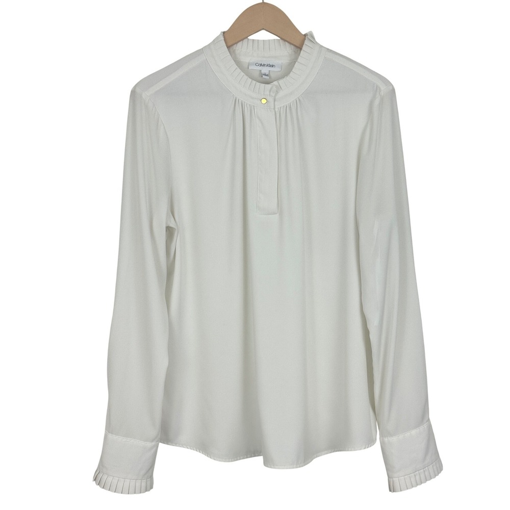 Calvin Klein Womens White Pleated Mock Neck Long Sleeve Blouse Classic Chic L